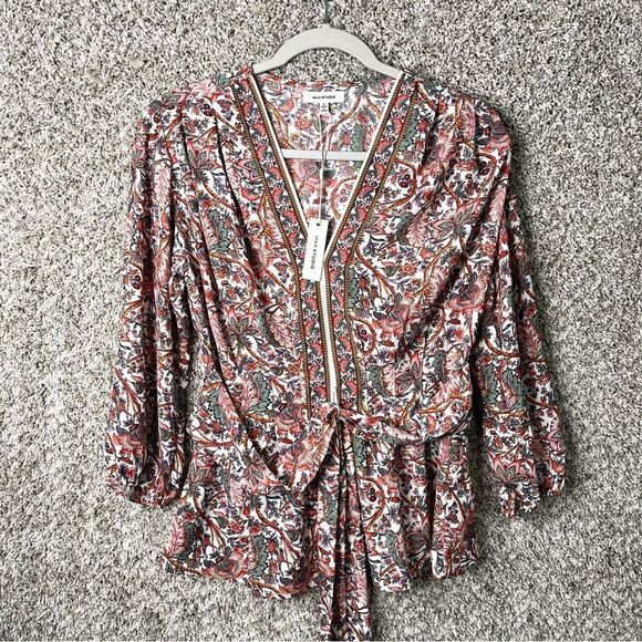 Max Studio Top Women’s Small Crepe Tie Front 3/4 Sleeve Smocked Back Paisley NWT - Picture 1 of 7